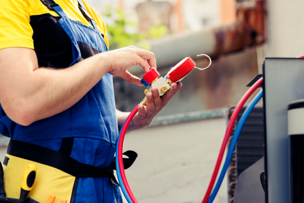 Technician performing hvac repair on a residential air conditioning unit.